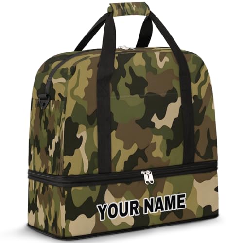 Personalisierte Reisetasche für Damen und Herren, personalisierbar, Sporttasche mit Schuhfach, faltbare Tanztasche, Wochenendtasche, Übernachtungstasche, Grün/Schwarz, Camouflage-Muster, Tarnmuster, von cfpolar