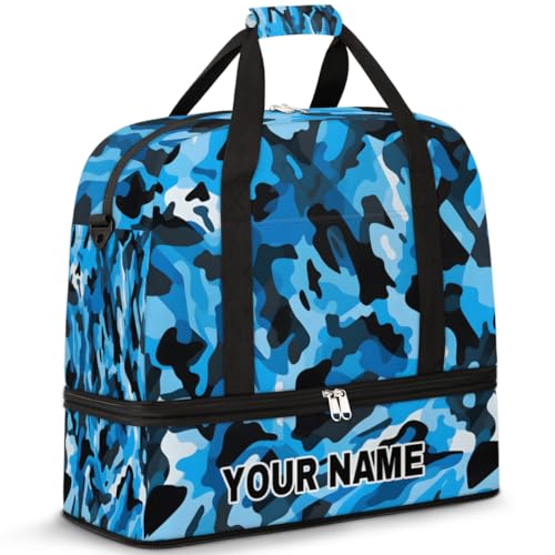 Personalisierte Reisetasche für Damen und Herren, personalisierbar, Sporttasche mit Schuhfach, faltbare Tanztasche, Wochenendtasche, Übernachtungstaschen, Blau Camo Schwarz Camouflage, Blau, von cfpolar