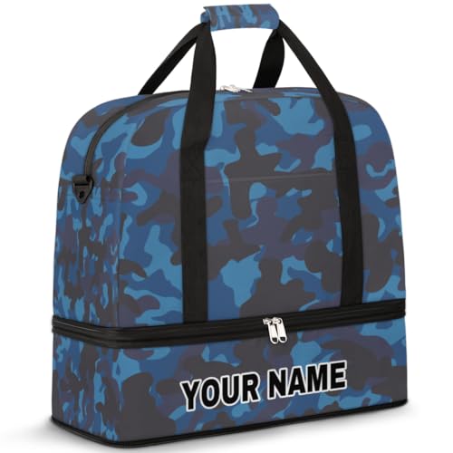 Personalisierte Reisetasche für Damen und Herren, personalisierbar, Sporttasche mit Schuhfach, faltbare Tanztasche, Wochenendtasche, Übernachtungstaschen, Blau und Schwarz, Camouflage-Muster, von cfpolar