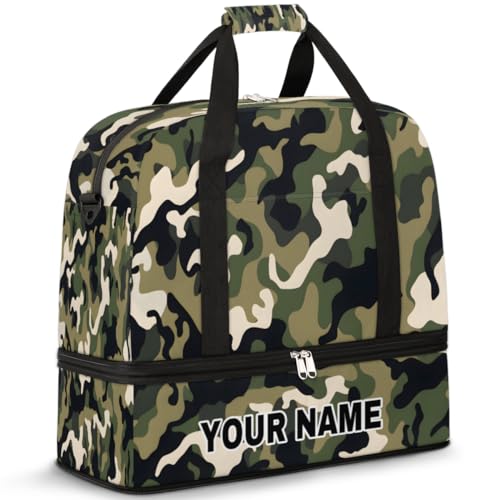 Personalisierte Reisetasche für Damen und Herren, personalisierbar, Sporttasche mit Schuhfach, faltbare Tanztasche, Wochenendtasche, Übernachtungstaschen, grünes Camouflage-Muster, Schwarz, Grün, von cfpolar