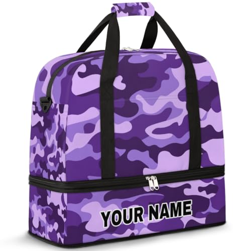 Personalisierte Reisetasche für Damen und Herren, personalisierbar, Sporttasche mit Schuhfach, faltbare Tanztasche, Wochenendtasche, Übernachtungstaschen, lila und schwarz, Camouflage, Lila und von cfpolar