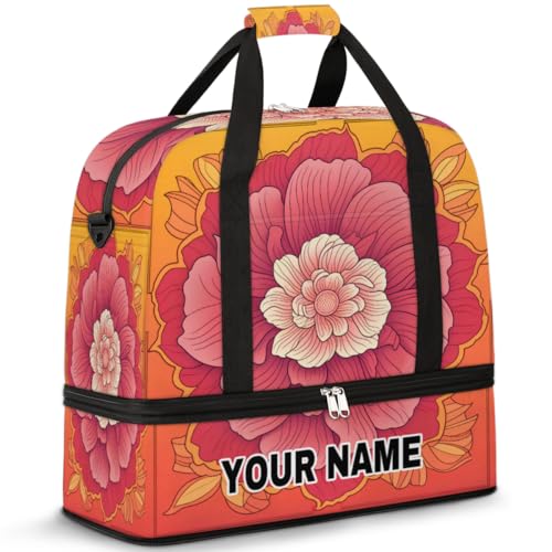 Personalisierte Reisetasche für Damen und Herren, personalisierbar, Sporttasche mit Schuhfach, faltbare Tanztasche, Wochenendtasche, Übernachtungstaschen, rosa und orangefarbene Blumen, Rosa und von cfpolar