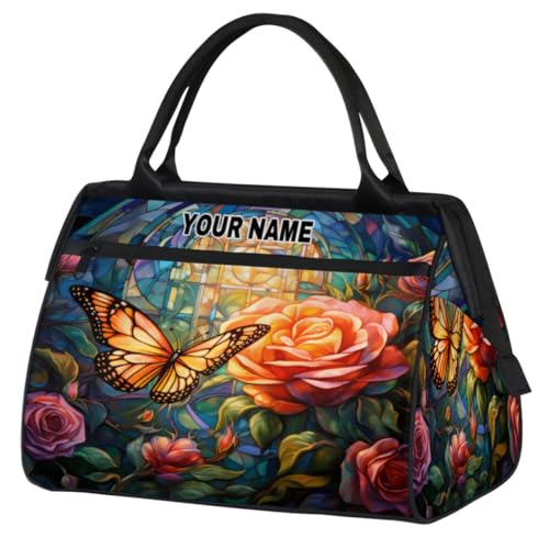 Personalisierte Reisetasche für Damen und Herren, personalisierbar, wasserdicht, Sporttasche, Wochenendtasche, Übernachtungstasche, Handgepäcktasche, Rosenblumen, Schmetterling, Rose, Blumen, von cfpolar