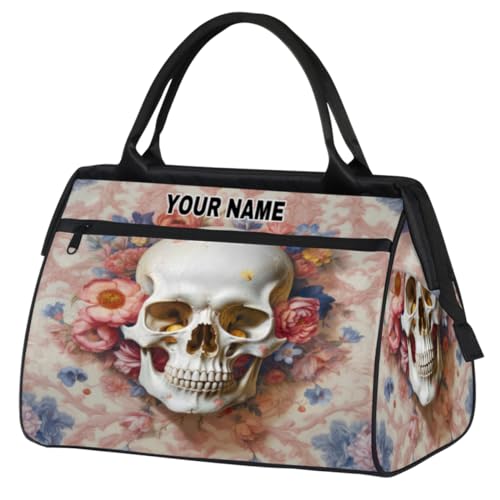 Personalisierte Reisetasche für Damen und Herren, personalisierbar, wasserdicht, Sporttasche, Wochenendtasche, Übernachtungstasche, Handgepäcktasche, Totenkopf, Vintage, Rose, Blumen, Totenkopf von cfpolar