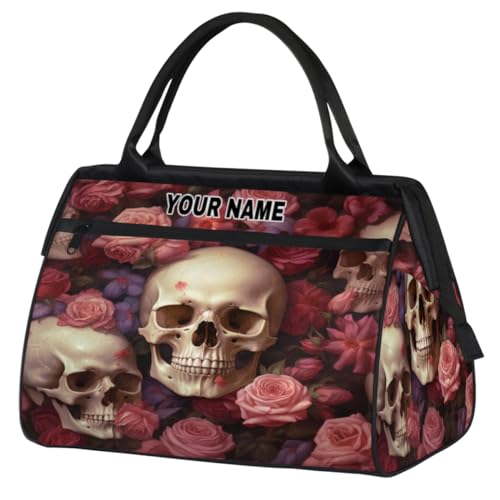 Personalisierte Reisetasche für Damen und Herren, personalisierbar, wasserdicht, Sporttasche, Wochenendtasche, Übernachtungstasche, Handgepäcktasche, coole Totenkopf-Rose, Blumen, Coole von cfpolar