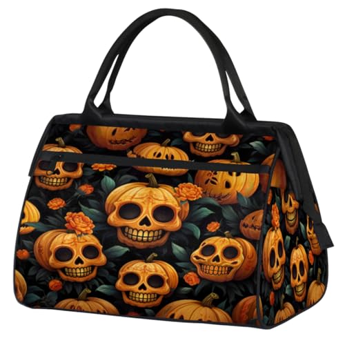 Pumpkins Skull Flowers Gym Bag for Women Men, Travel Sports Duffel Bag with Trolley Sleeve, Waterproof Sports Gym Bag Weekender Overnight Bag Carry On Tote Bag for Travel Gym Sport, Kürbisse Schädel von cfpolar