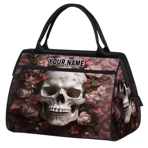 Reisetasche für Damen und Herren, personalisierbar, wasserdicht, Sporttasche, Wochenendtasche, Übernachtungstasche, Handgepäcktasche, Totenkopf-Rosa, Blumen, Totenkopf rosa Rosen Blumen, 15.2*8.3*11.6 von cfpolar