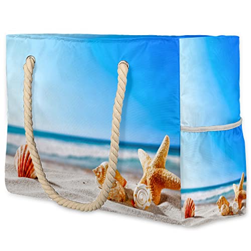 Sand Beach Sommer Blue Sky Gro?e Strandtasche Wasserdicht Sanddicht Pooltasche Ger?umige Schultertasche Reise Turnbeutel Strandtasche f¨¹r Frauen mit Rei?verschluss Seilgriffen oben, Mehrfarbig von cfpolar