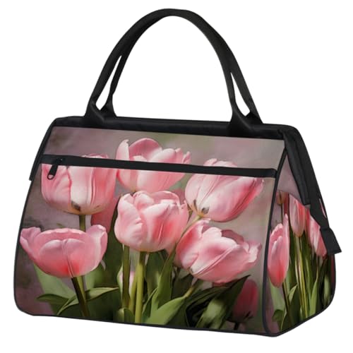 Sporttasche mit rosa Tulpen und Blumen für Damen und Herren, Reise-Sporttasche mit Trolleyhülle, wasserdichte Sporttasche, Weekender, Übernachtungstasche, Tragetasche für Reisen, Fitnessstudio, Sport, von cfpolar