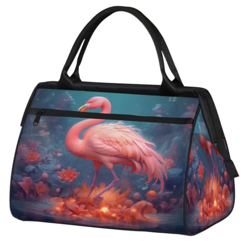 Süße rosa Flamingo-Blumen Turnbeutel für Damen und Herren, Reise-Sporttasche mit Trolleyhülle, wasserdichte Sporttasche, Wochenend-Übernachtungstasche, Tragetasche für Reisen, Fitnessstudio, Sport, von cfpolar