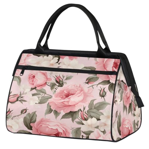 Weiße rosa Blumen Blätter Turnbeutel für Damen Herren, Reise Sport Duffel Bag mit Trolleyhülle, wasserdichte Sport Gym Bag Weekender Übernachtung Tasche Carry On Tote Bag für Reisen Gym Sport, Weiß von cfpolar