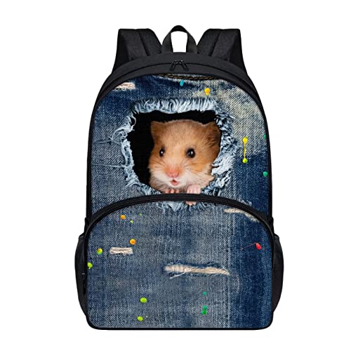 chaqlin 3D Lustige Hamster Schultaschen Rucksack für Kinder Erwachsene,Denim Hamster Druck Zurück zur Schule Buchtaschen mit seitlicher Mesh Tasche,Kinder Kleinkind Schule Rucksack Casual Daypack von chaqlin