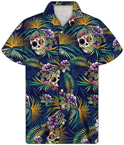 chaqlin 3D Urlaub Kurzarm Herren Sommer Hawaii-Hemden Tops Casual Loose Button Down Bluse Gr. XL, Blume Totenkopf von chaqlin