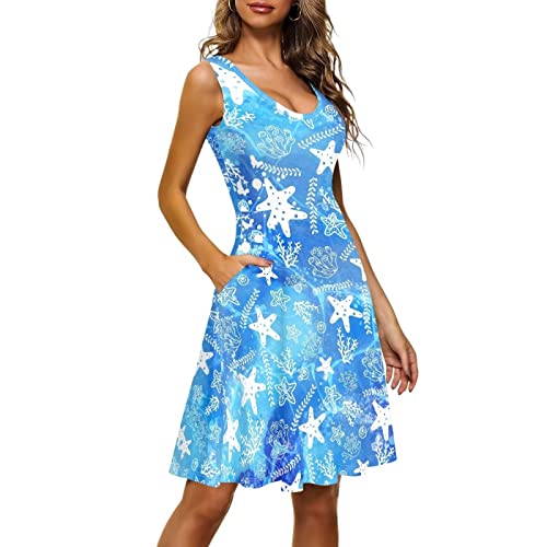 chaqlin Ärmelloses Damen-Kleid mit Rundhalsausschnitt und Tasche, Sommer, Strand, Tank, Blau / Sterne, L von chaqlin