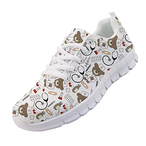 chaqlin Cartoon Bär Krankenschwester Schuhe Frauen Casual Laufen Walking Sneakers Schnüren Komfortable Weiche Wohnungen Sport Turnschuhe für Damen Mädchen Weiß Größe UK4 = Eur36 von chaqlin