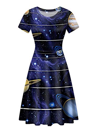 chaqlin Damen Casual Lose A Linie Midi Kleid Sommer Elegant Kurzarm Kleid mit Rundhals Größe S-XXL Gr. X-Large, Galaxy Planet von chaqlin