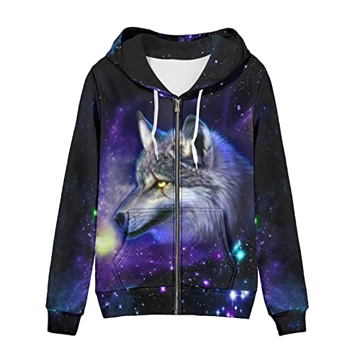 chaqlin Damen Full-Zip Hoodie Sweatshirt Athletic Hoodies Zip Up Hoodies Sweater Langarm Jacke mit Tasche Kordelzug, 3D Galaxy Wolf, 32 von chaqlin