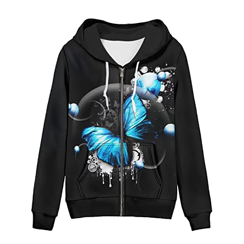 chaqlin Damen Full-Zip Hoodie Sweatshirt Athletic Hoodies Zip Up Hoodies Sweater Langarm Jacke mit Tasche Kordelzug, Neonblaue Schmetterlinge, 42 von chaqlin