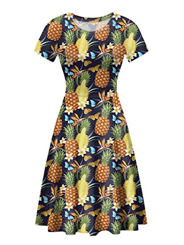 chaqlin Frauen Casual Lose A Linie Midi Kleid Sommer Elegant Kurzarm Kleid mit Rundhalsausschnitt Größe S-XXL, Ananas, X-Large von chaqlin