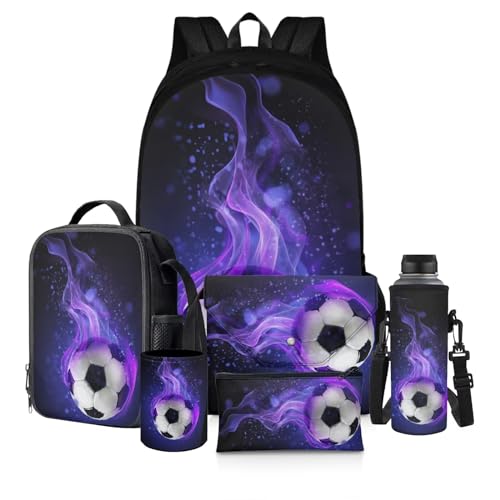 chaqlin Kinder-Rucksack für Schule, Tagesrucksack für Kindergarten, Grundschulranzen-Set mit Lunchbox, Stifthalter, Violetter Fußball, Kinderrucksack von chaqlin