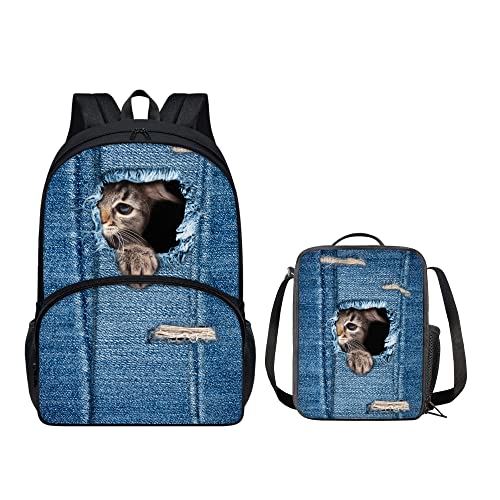 chaqlin Kinder-Schultaschen-Set, Jungen und Mädchen, Büchertaschen-Set mit eingesetzter Lunchbox, Set mit 2 Rucksäcken für Jungen und Mädchen, Denim Shy Cat, Einheitsgröße, Schulranzen-Set von chaqlin