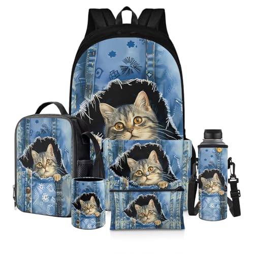 chaqlin Kinder-Schultaschen-Set mit Lunchbox, Federmäppchen, 6 Stück, für Jungen, Schulbüchertaschen, Buchhüllen, Denim Cat, Kinderrucksack von chaqlin