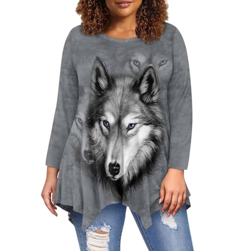 chaqlin Lässige Langarm-Shirts für Damen, Workout-Shirt, unregelmäßiger Saum, locker, bequem, warme Bluse, Übergröße S-6XL, Grauer Wolf, XXXXXL von chaqlin