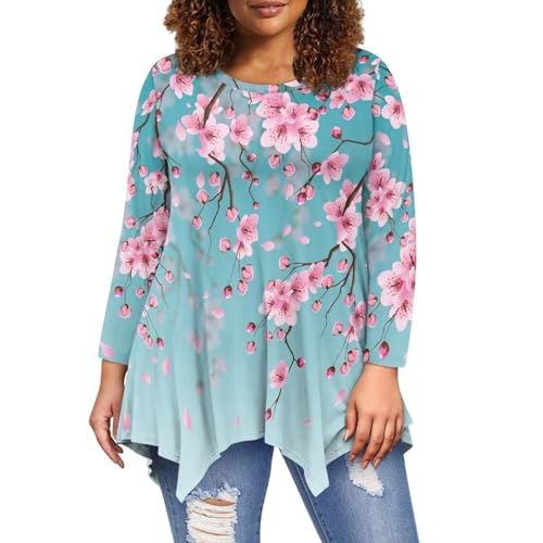 chaqlin Lässige Langarm-Shirts für Damen, Workout-Shirt, unregelmäßiger Saum, locker, bequem, warme Bluse, Übergröße S-6XL, Rosa Kirschblüte, 6X-Large von chaqlin