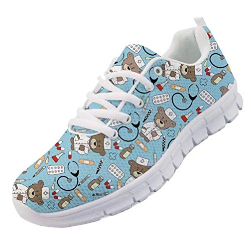 chaqlin Nette Krankenschwester Schuhe Damen Herren Sneaker Blau Cartoon Bär Doktor Muster Lace Up Sportschuhe Atmungsaktive Laufschuhe Für Frühling Sommer Eu41 von chaqlin