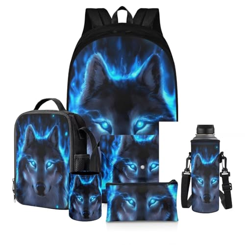 chaqlin Schulbüchertaschen für Jungen, Kinder-Rucksack mit Lunchbox, Büchertasche, Federmäppchen, 6-teiliges Schultaschen-Set, Animal Neon Wolf Blue, Kinderrucksack von chaqlin