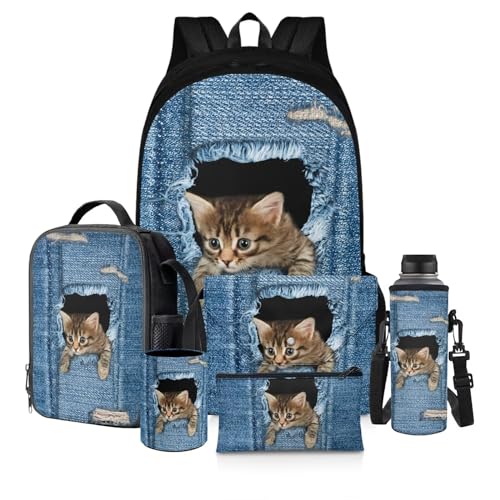 chaqlin Schulbüchertaschen für Jungen, Kinder-Rucksack mit Lunchbox, Büchertasche, Federmäppchen, 6-teiliges Schultaschen-Set, Denim Cat, Kinderrucksack von chaqlin