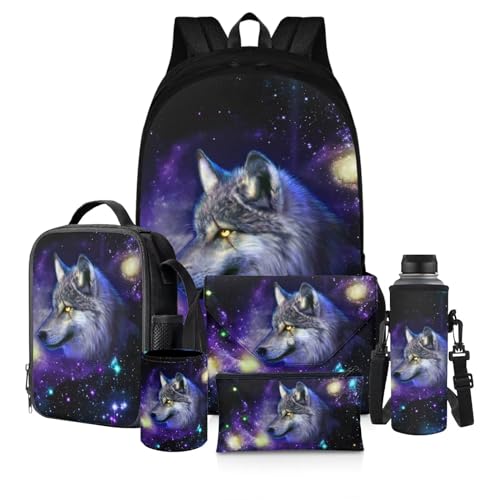 chaqlin Schulbüchertaschen für Jungen, Kinder-Rucksack mit Lunchbox, Büchertasche, Federmäppchen, 6-teiliges Schultaschen-Set, Galaxy Blue Wolf, Kinderrucksack von chaqlin