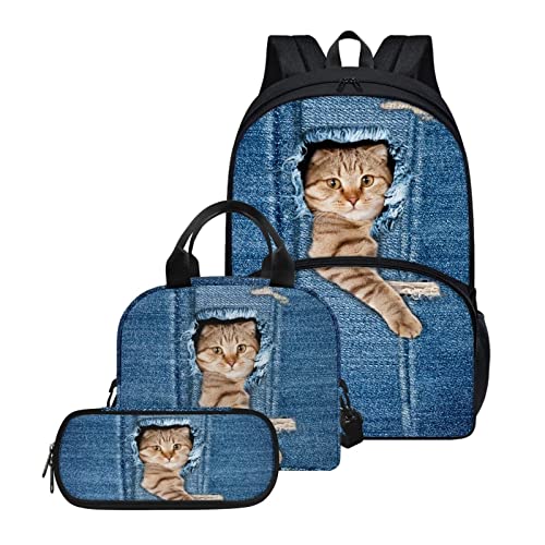 chaqlin Schulranzen-Set für Kinder, 3-in-1-Rucksack, Schulbüchertaschen-Set mit großer Kapazität, isolierte Lunchbox, Eine schöne Denim-Katze, Einheitsgröße, Schulranzen-Set von chaqlin