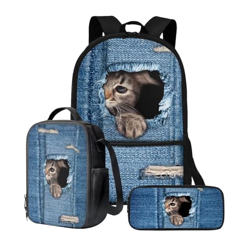 chaqlin Schulrucksack-Set für Jungen und Mädchen, mit Lunchbox, Stifthalter, 3-teilig, Picknick-Lunchbox, Behälter, Tagesrucksack, Denim Cat Shy, Kinderrucksack von chaqlin