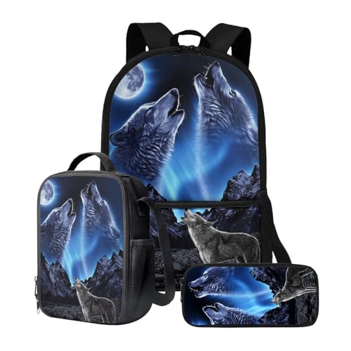 chaqlin Schulrucksack-Set für Kinder, Jungen, Schultaschen mit Lunchbox und Federmäppchen, 3-teiliges Set, Kinder-Büchertaschen, Kühltasche, Stifttasche, Galaxy Night Blue Wolf, Kinderrucksack von chaqlin