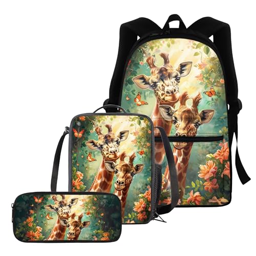 chaqlin Schultaschen-Set für Jungen und Mädchen, 3-teiliges Set mit Thermo-Lunchbox und Federmäppchen, Niedliche Giraffe, Kinderrucksack von chaqlin