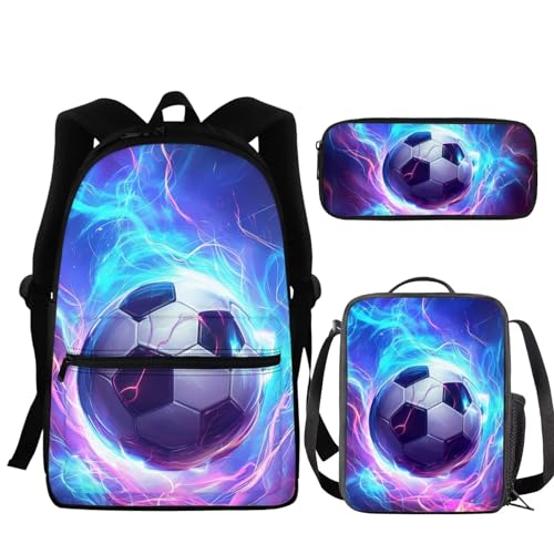 chaqlin Schultaschen-Set für Jungen und Mädchen, 3-teiliges Set mit Thermo-Lunchbox und Federmäppchen, Sport Blue Football, Kinderrucksack von chaqlin