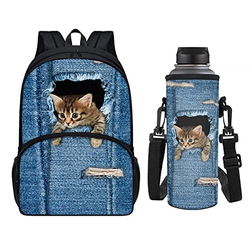 chaqlin Tier-Schulrucksack für Kinder, Kleinkind, Set mit 2 Stück, Büchertaschen, Schultaschen-Set mit Tragetasche für Wasserflasche, Denim Cat, Einheitsgröße, Schulranzen-Set von chaqlin