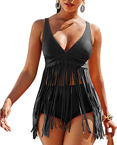 chuangminghangqi Bademode für Damen, zwei Stück, hohe Taille, Tankini, Meer, Push-Up-Kurz, mit Fransen, Bikini-Set mit V-Top mit Polsterung und kurzen Shorts, Schwarz , M von chuangminghangqi