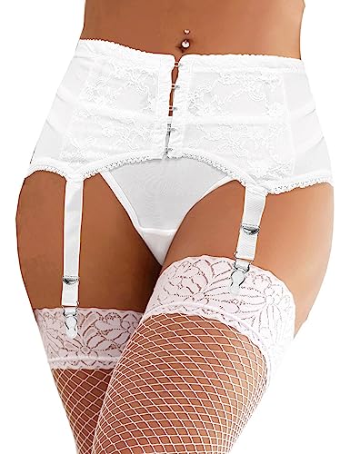 Sexy Strapsgürtel Breit Damen Spitze Strapsen Dessous Set mit 6 Halter Große Größen Strumpfhalter Mesh Strapshalter Mollige Garter Belt Plus Size Strumpfgürtel Strumpfband Hüfthalter (Weiß,XS-S) von comeondear