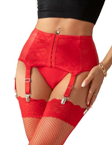 comeondear Damen Strapsgürtel Leder Strapsen Spitze Strumpfhalter mit 6 Halter Wetlook Strumpfband Clips aus Metall Hosenträger Dessous Set Große Größen(A-Rot L/40) von comeondear