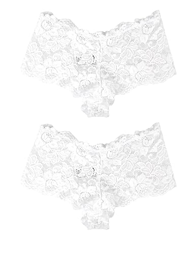 comeondear Panty Sexy String Tanga Spitze Hipster Floralen Slips 2er Pack Höschen Unterwäsche Große Größen Unterhosen Weiß 3XL/48 von comeondear