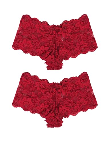 comeondear Sexy Unterwäsche 2er Pack Spitze Panties Floralen Slips Brasilien Höschen Hipster Unterhosen String Tanga Große Größen Reizwäsche (Rot 2XL/46) von comeondear