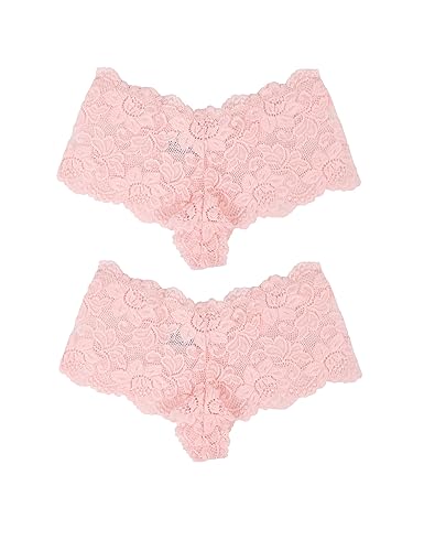 comeondear Slips 2er Pack Hipster Panties Floralen Spitze Unterwäsche Höschen Brasilien Tanga String Große Größen Unterhosen (Rosa 3XL/48) von comeondear