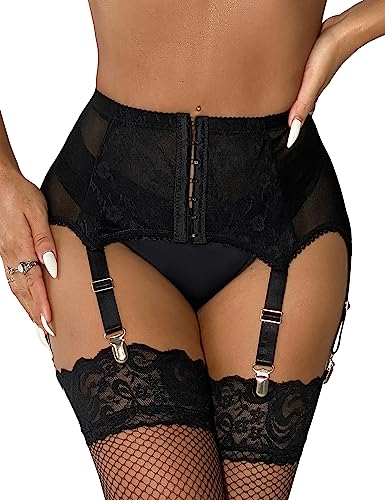 comeondear Spitze Strapsgürtel Damen Strumpfhalter mit 6 Halter Strapsen Clips aus Metall Hosenträger Strumpfband Dessous Set Große Größen(KEINE Slips Strümpfe C-Schwarz XL-XXL/44-46) von comeondear