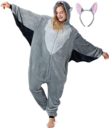 corimori Flauschiges Fledermaus-Kostüm für Erwachsene mit Haarreif | Halloween Kostüm Onesie für Damen, Herren | Körpergröße 180-190cm von corimori