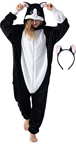 corimori Flauschiges Katzen-Kostüm für Erwachsene mit Haarreif | Karneval Kostüm Onesie für Damen, Herren | Körpergröße 150-160cm von corimori