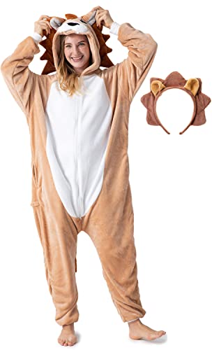 corimori Flauschiges Löwen-Kostüm für Erwachsene mit Haarreif | Karneval Kostüm Onesie für Damen, Herren | Körpergröße 170-180cm von corimori