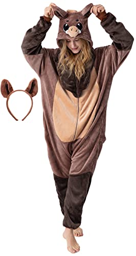 corimori Flauschiges Wildschwein-Kostüm für Erwachsene mit Haarreif | Karneval Kostüm Onesie für Damen, Herren | Körpergröße 180-190cm von corimori