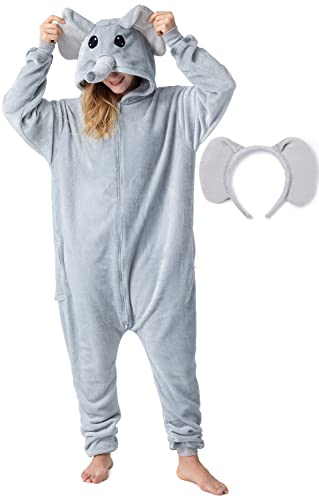 corimori Flauschiges Elefanten-Kostüm für Erwachsene mit Haarreif | Karneval Kostüm Onesie für Damen, Herren | Körpergröße 150-160cm von corimori
